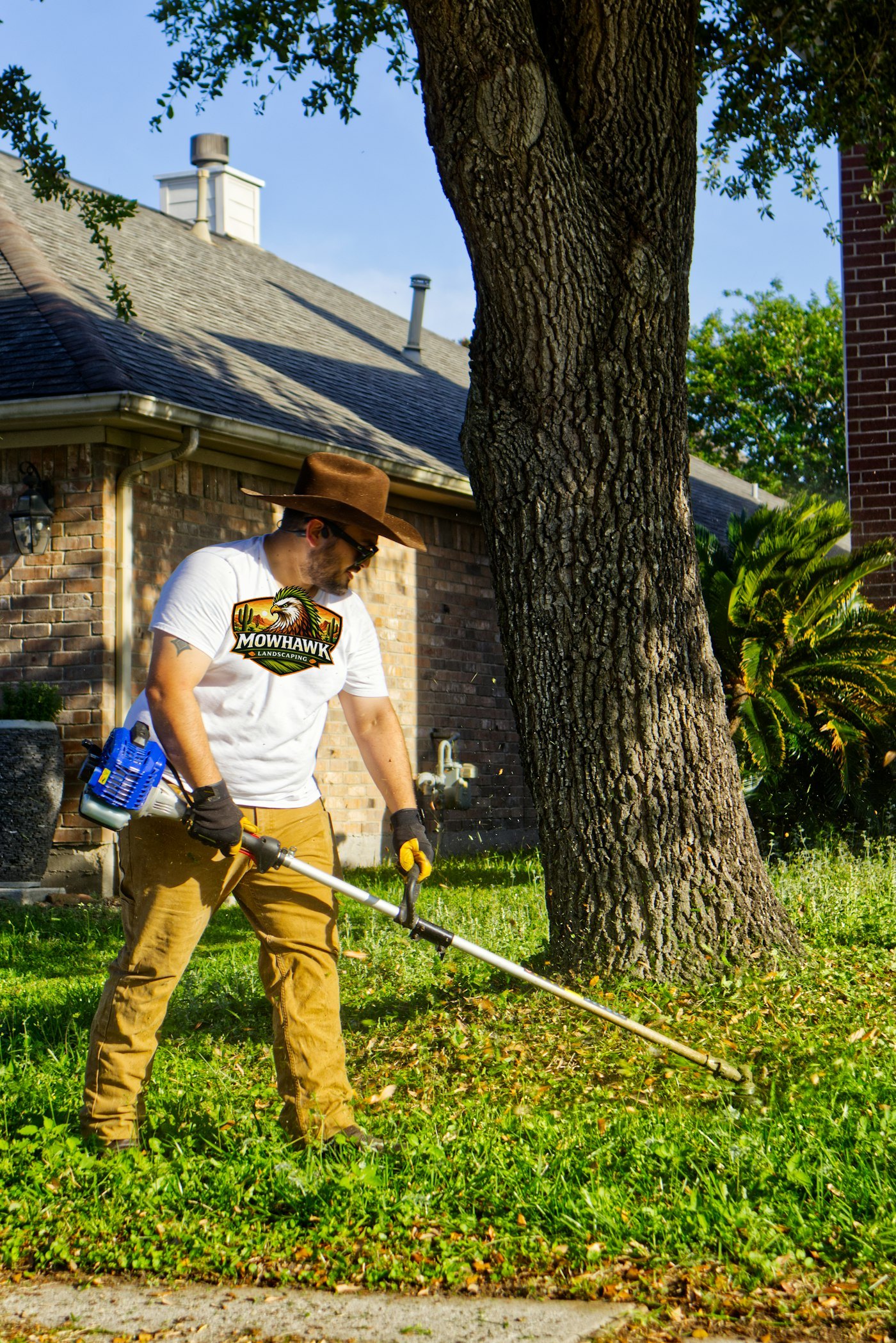 Cutting back weeds with a string trimmer